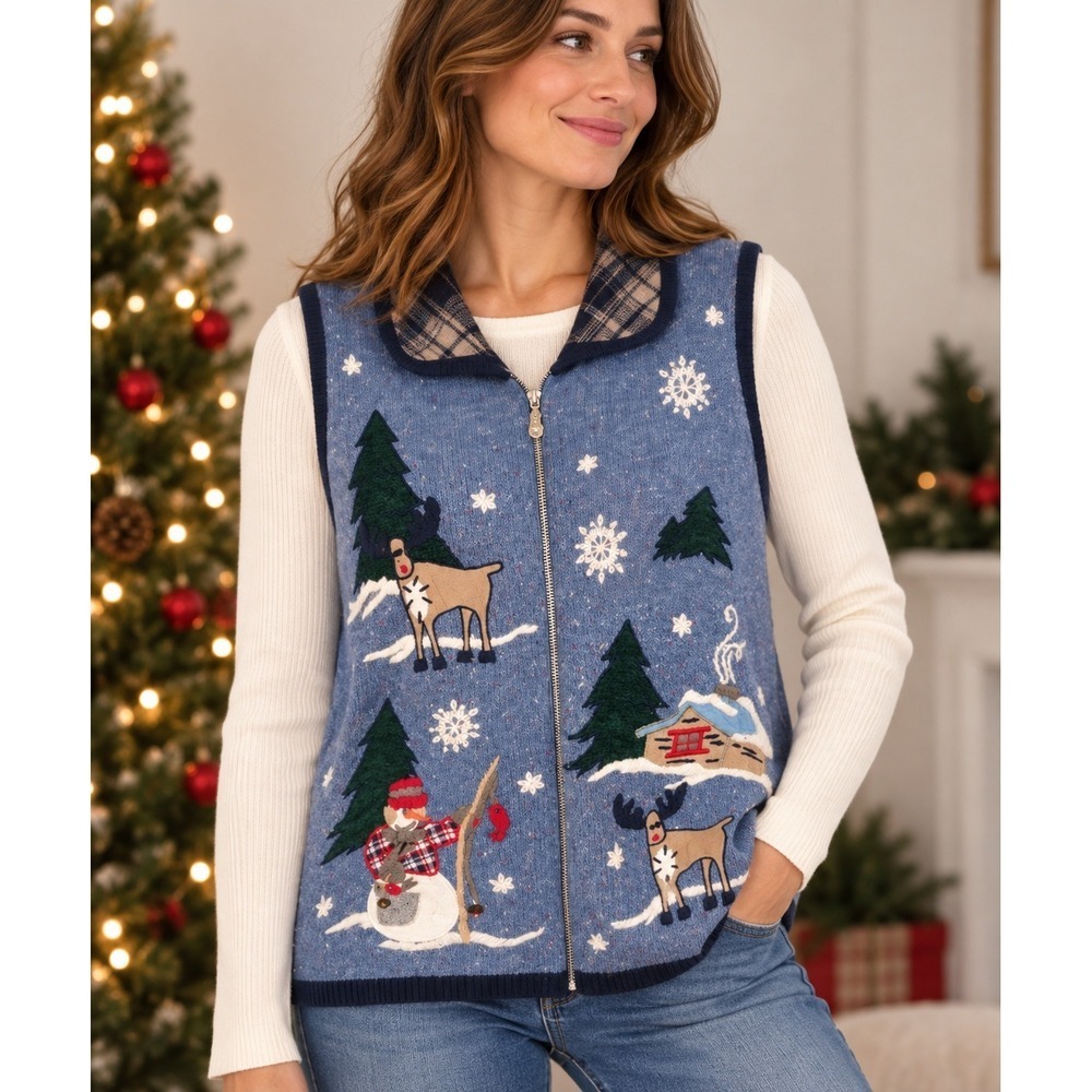 Vintage Studio Collection Christmas Sweater Vest M Reindeer Snowman Angora Zip